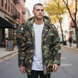 DODECA Vintage Y2K‎ Men's 6XL Woodland Camo Parka Fur Hood Winter Jacket NWT